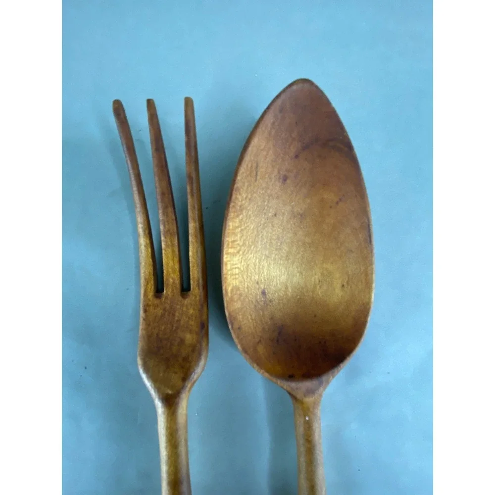 Wooden Salad Servers Rustic Spiral Hand Carved Spoon Fork‎ Set 10